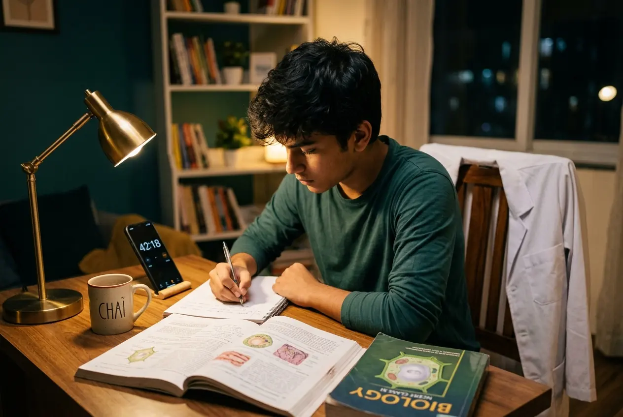 A NEET aspirant studying at night with a white coat on his chair